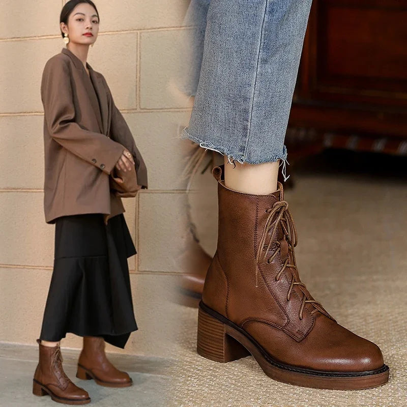 2026 Winter Genuine Leather Women Boots round Toe Thick Heel Lace up Fashion Ankle Boots Retro Boots Platform Shoes Heels Grown