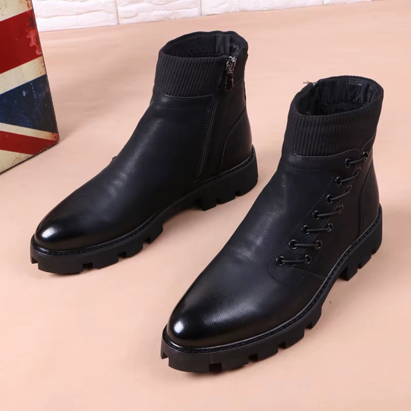 Italian Brand Designer Mens Leisure Cowboy Boots Natural Leather Platform Shoes Black Autumn Winter Ankle Boot Short Botas Male