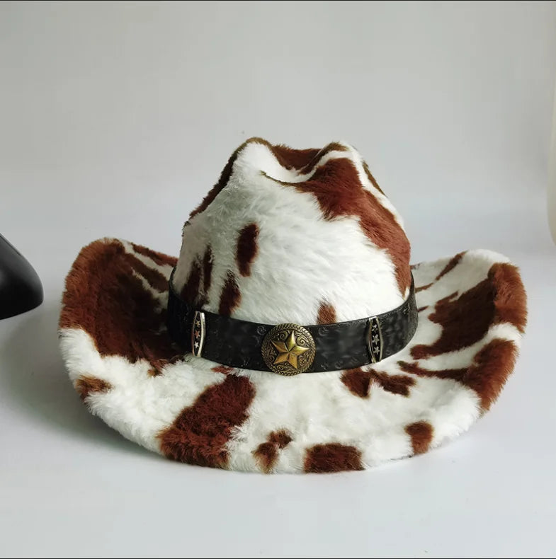 Sombrero vaquero elegante con estampado de leopardo y ala ancha; modelo de piel sintética para hombre y mujer, ideal para el invierno.