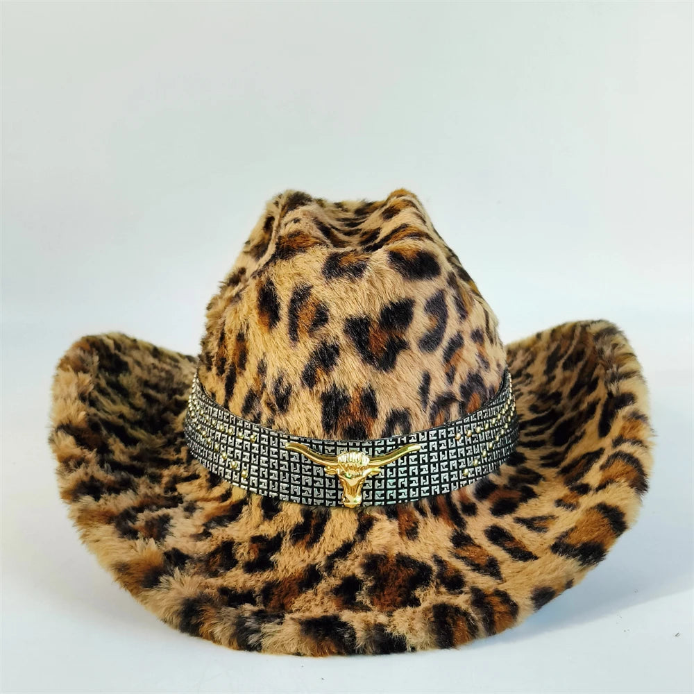 Sombrero vaquero elegante con estampado de leopardo y ala ancha; modelo de piel sintética para hombre y mujer, ideal para el invierno.