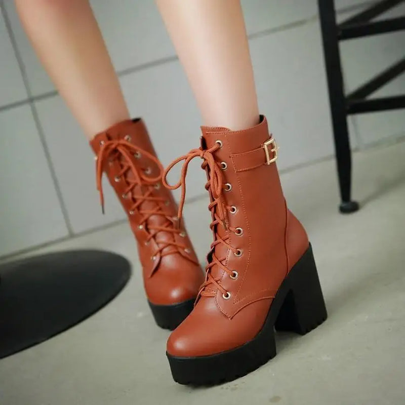 Spring Autumn Fashion Women Boots High Heels Platform Buckle Lace up Leather Short Booties Black Ladies Shoes Promotion 745