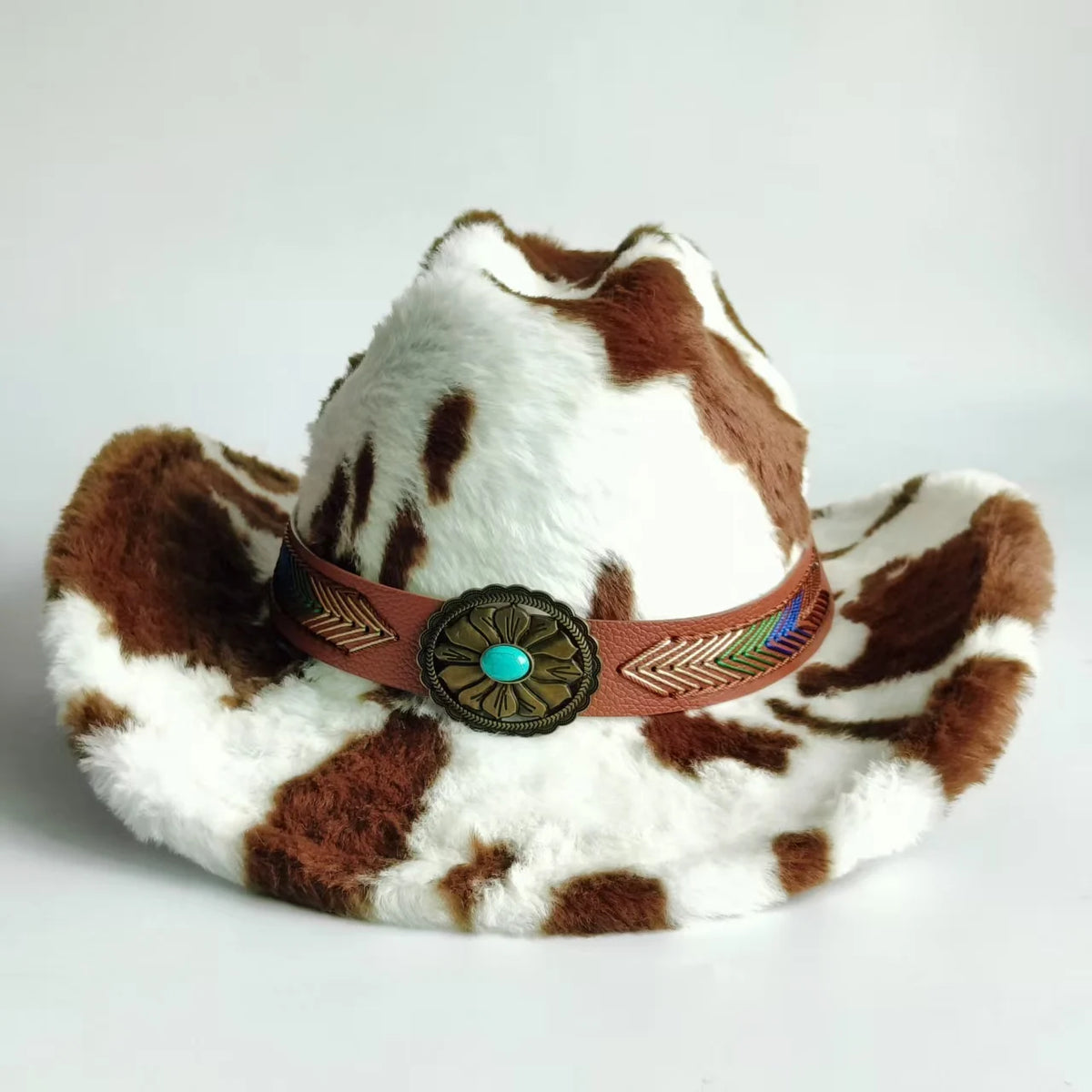 Sombrero vaquero elegante con estampado de leopardo y ala ancha; modelo de piel sintética para hombre y mujer, ideal para el invierno.