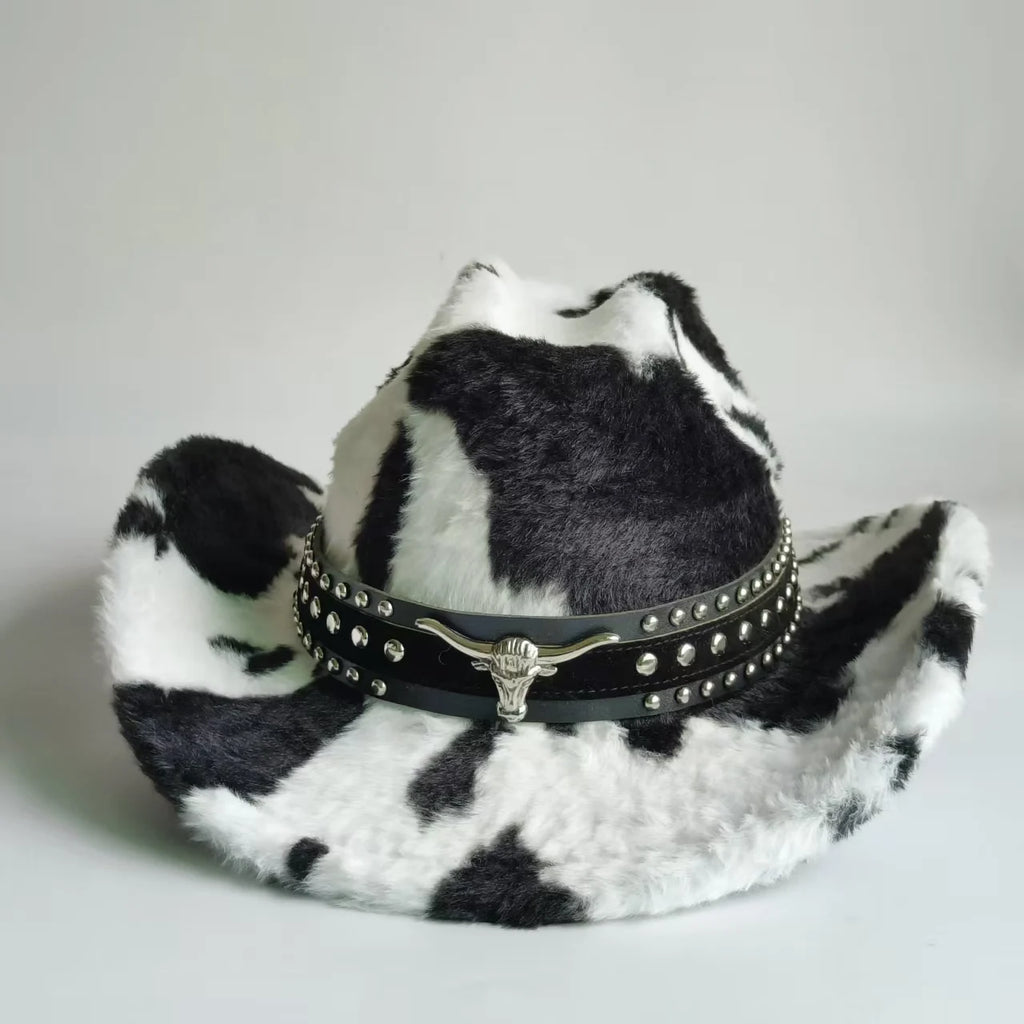 Sombrero vaquero elegante con estampado de leopardo y ala ancha; modelo de piel sintética para hombre y mujer, ideal para el invierno.