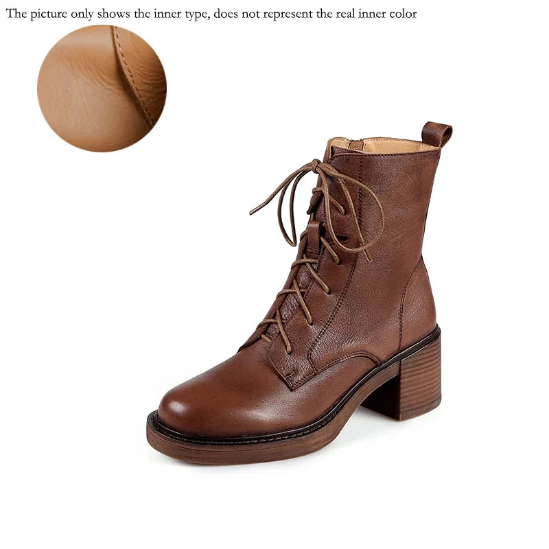 2026 Winter Genuine Leather Women Boots round Toe Thick Heel Lace up Fashion Ankle Boots Retro Boots Platform Shoes Heels Grown