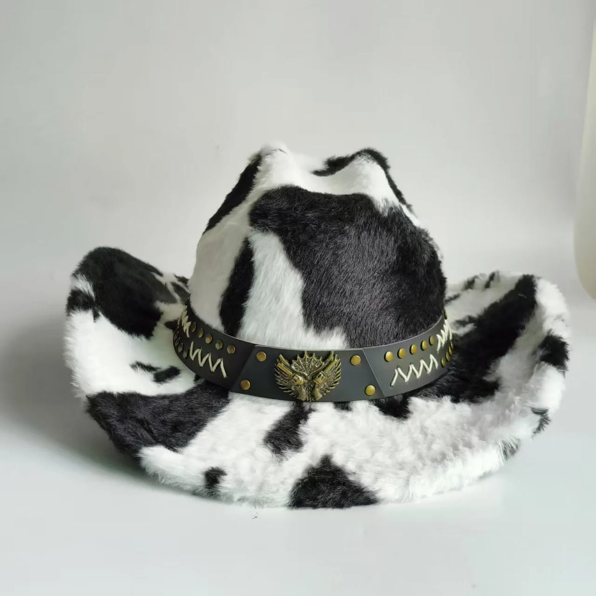 Sombrero vaquero elegante con estampado de leopardo y ala ancha; modelo de piel sintética para hombre y mujer, ideal para el invierno.