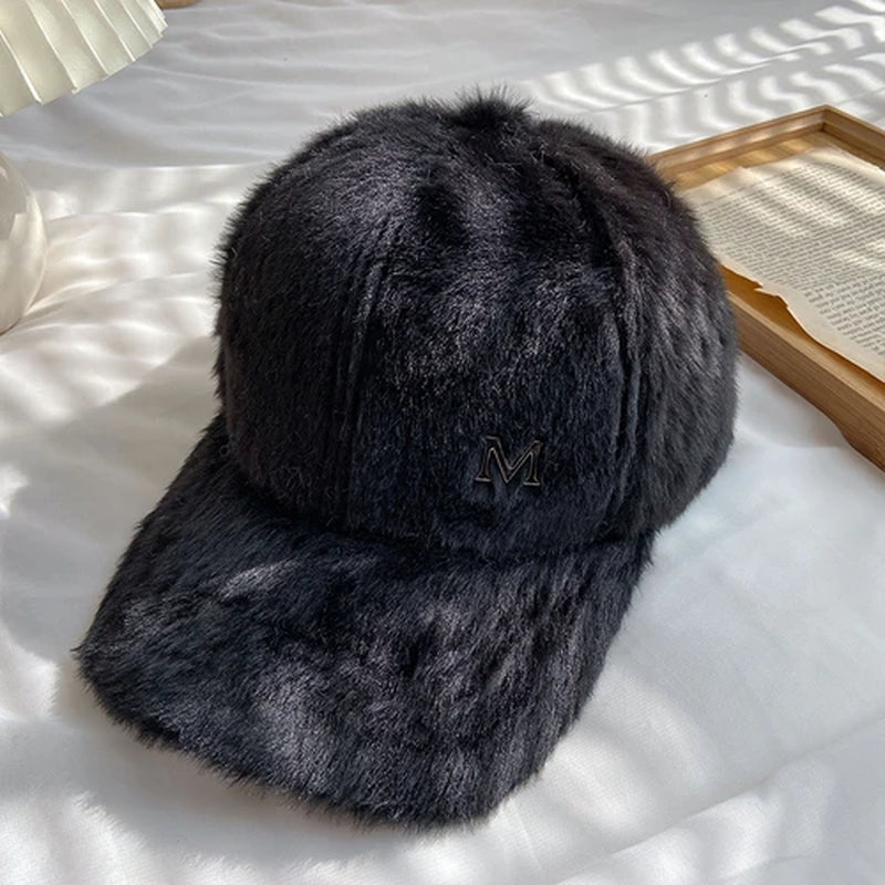 M Letter Rabbit Fur Blended Cap Ins Tide Brand Female Autumn and Winter All-Match Plush Hat Suitable for Face Big Baseball Caps