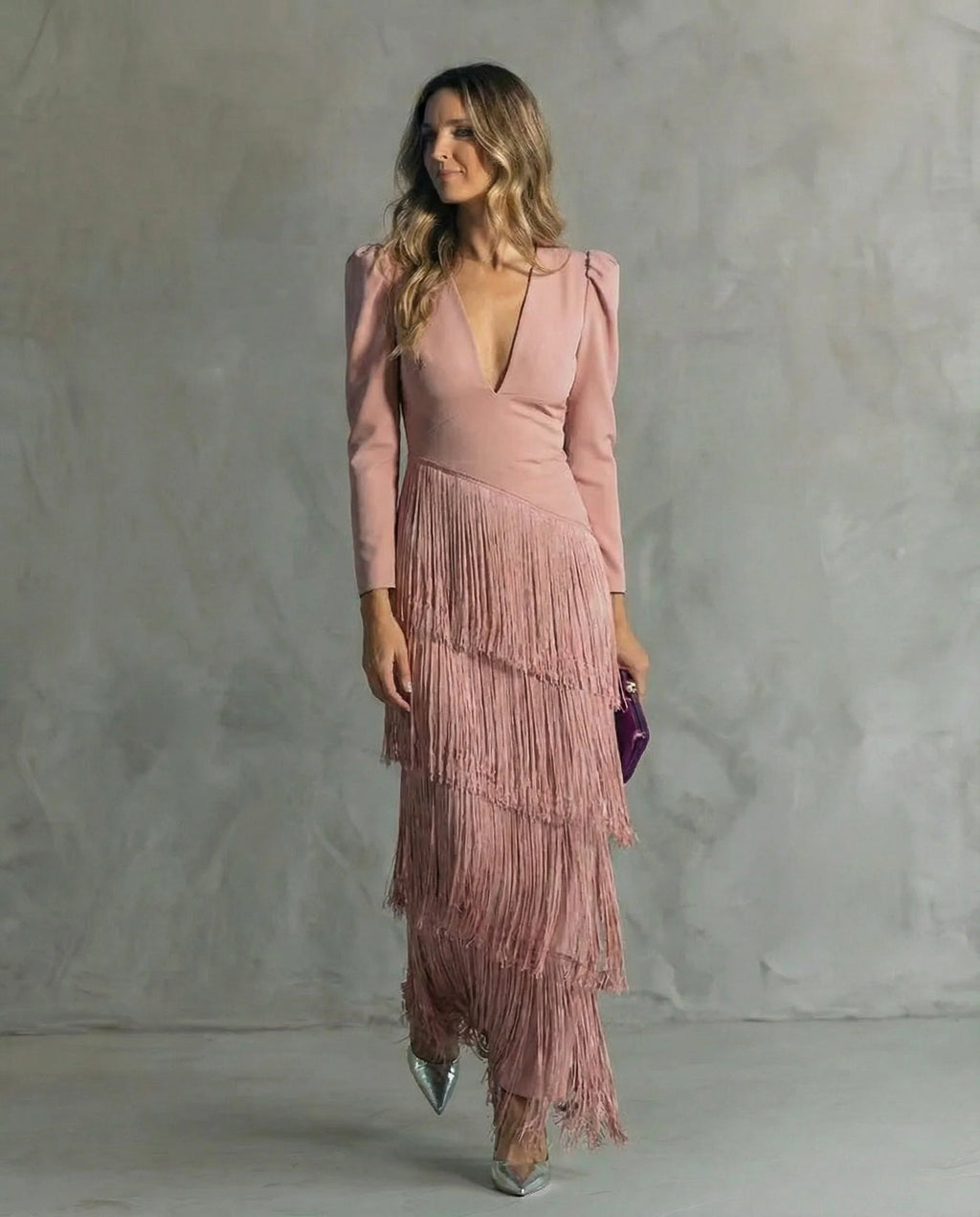 Vestido Mujer Midi Elegante Con Flecos – Vestido Manga Larga Sofisticado