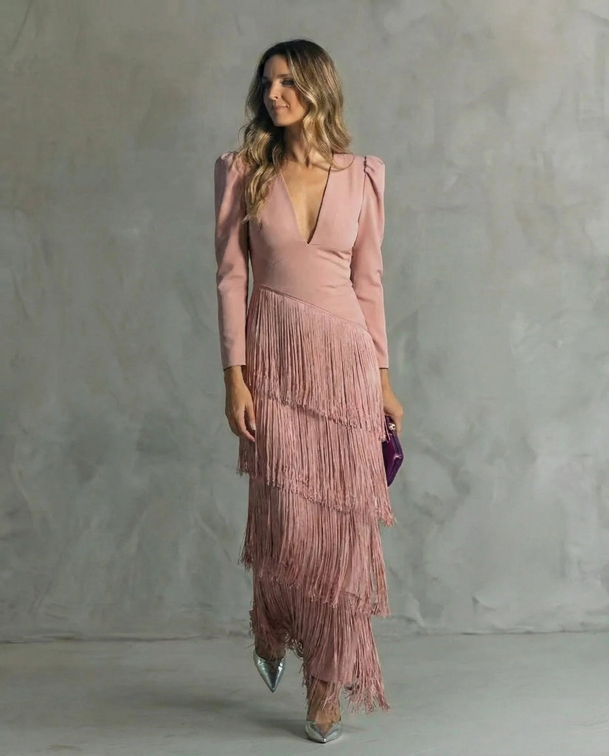 Vestido Mujer Midi Elegante Con Flecos – Vestido Manga Larga Sofisticado