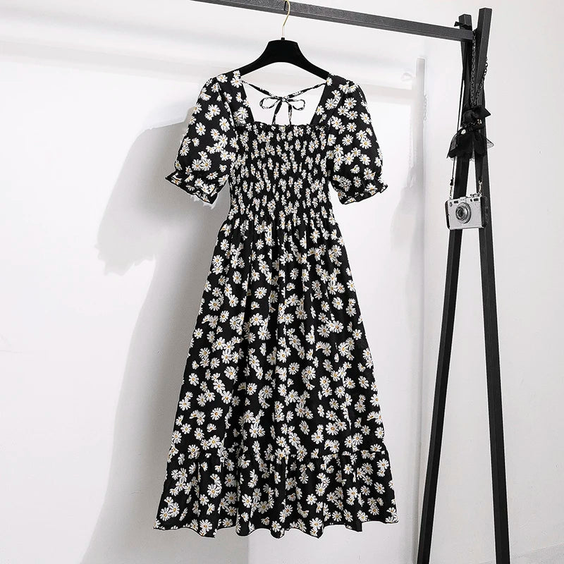 Vestido casual plisado de chifón para primavera-verano, con manga corta y cintura elástica; vestido estilo línea A para mujer.