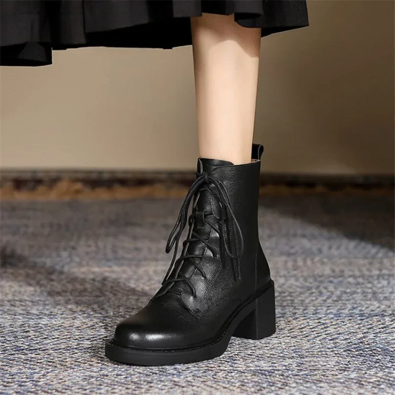 2026 Winter Genuine Leather Women Boots round Toe Thick Heel Lace up Fashion Ankle Boots Retro Boots Platform Shoes Heels Grown