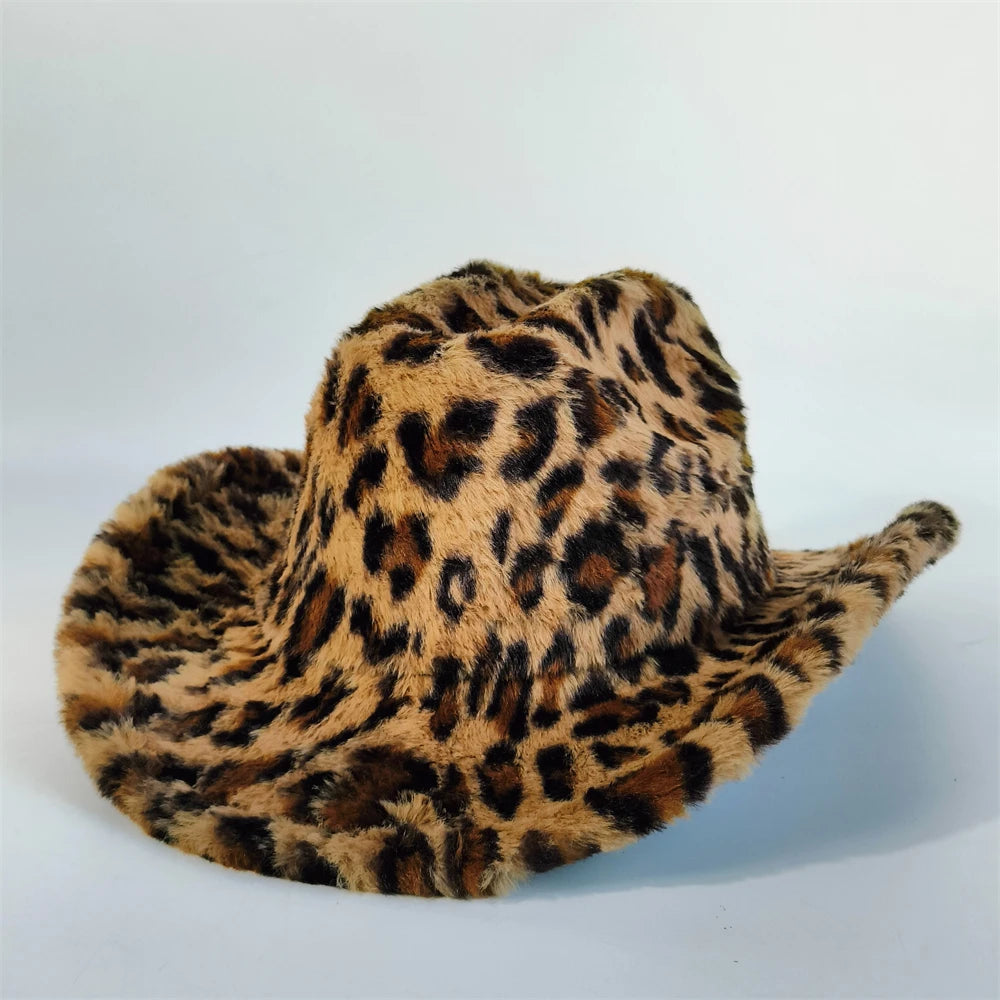 Sombrero vaquero elegante con estampado de leopardo y ala ancha; modelo de piel sintética para hombre y mujer, ideal para el invierno.