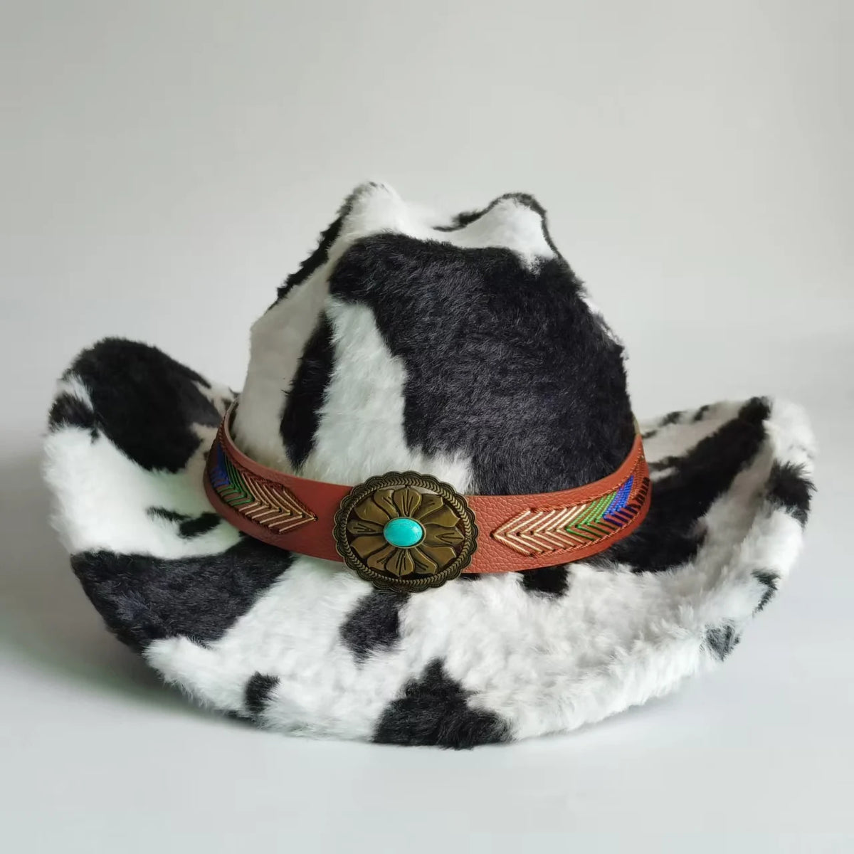 Sombrero vaquero elegante con estampado de leopardo y ala ancha; modelo de piel sintética para hombre y mujer, ideal para el invierno.