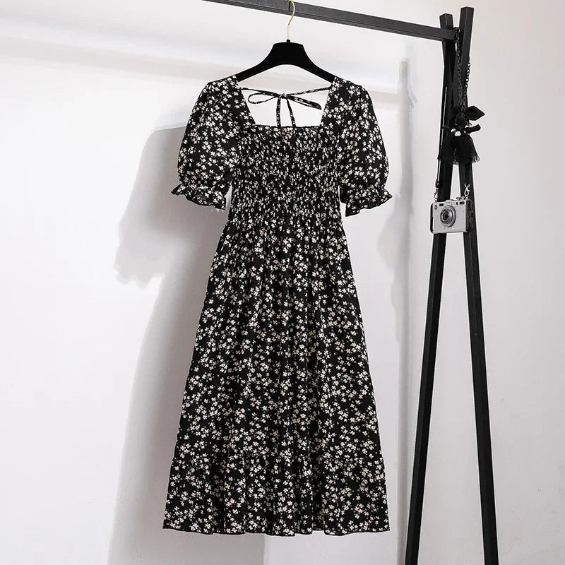 Vestido casual plisado de chifón para primavera-verano, con manga corta y cintura elástica; vestido estilo línea A para mujer.