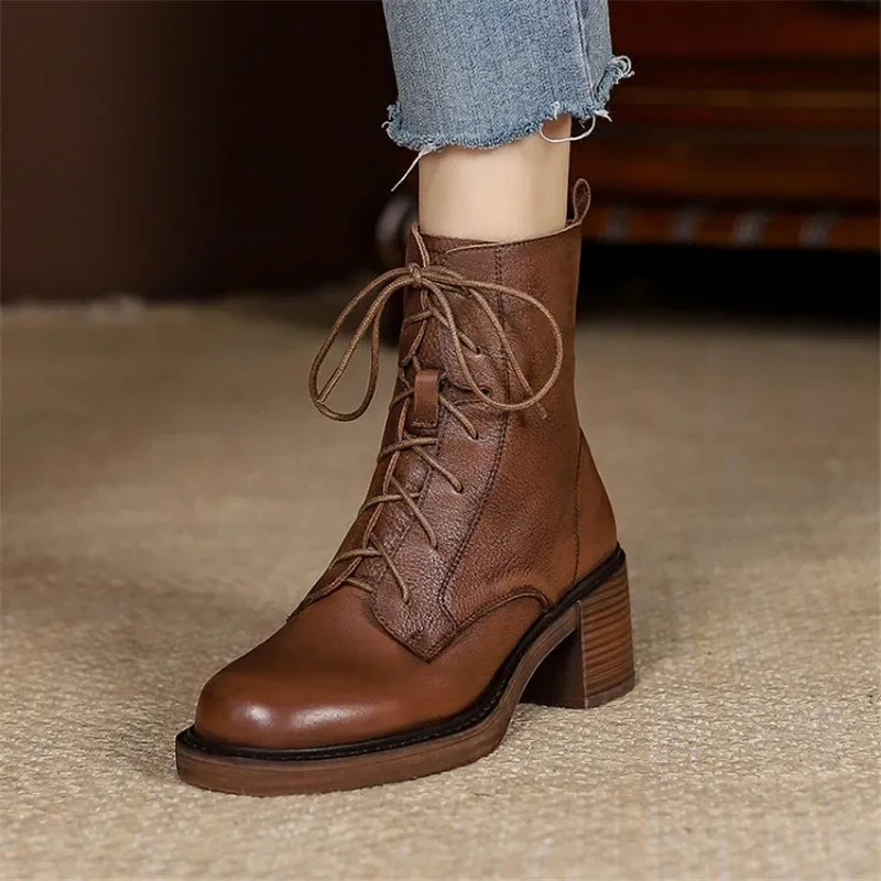 2026 Winter Genuine Leather Women Boots round Toe Thick Heel Lace up Fashion Ankle Boots Retro Boots Platform Shoes Heels Grown