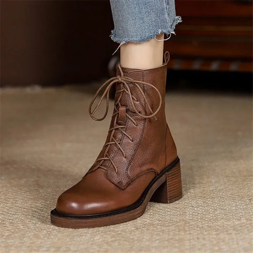 2026 Winter Genuine Leather Women Boots round Toe Thick Heel Lace up Fashion Ankle Boots Retro Boots Platform Shoes Heels Grown