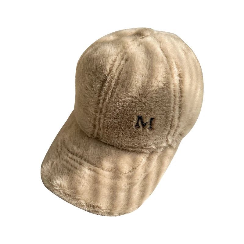 M Letter Rabbit Fur Blended Cap Ins Tide Brand Female Autumn and Winter All-Match Plush Hat Suitable for Face Big Baseball Caps