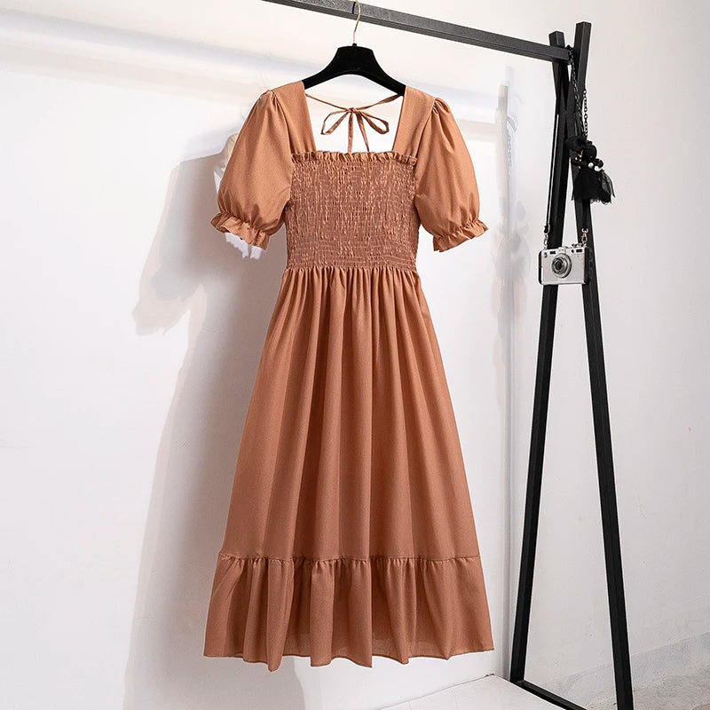 Vestido casual plisado de chifón para primavera-verano, con manga corta y cintura elástica; vestido estilo línea A para mujer.