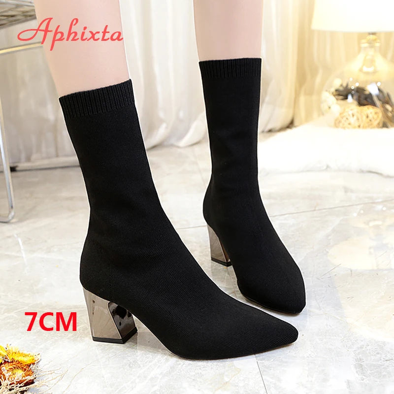 2022 New Fashion Ankle Boots Women Shoes Elastic Sock Boot Chunky High Heels Stretch Sexy Booties Pointed Toe plus 41 43