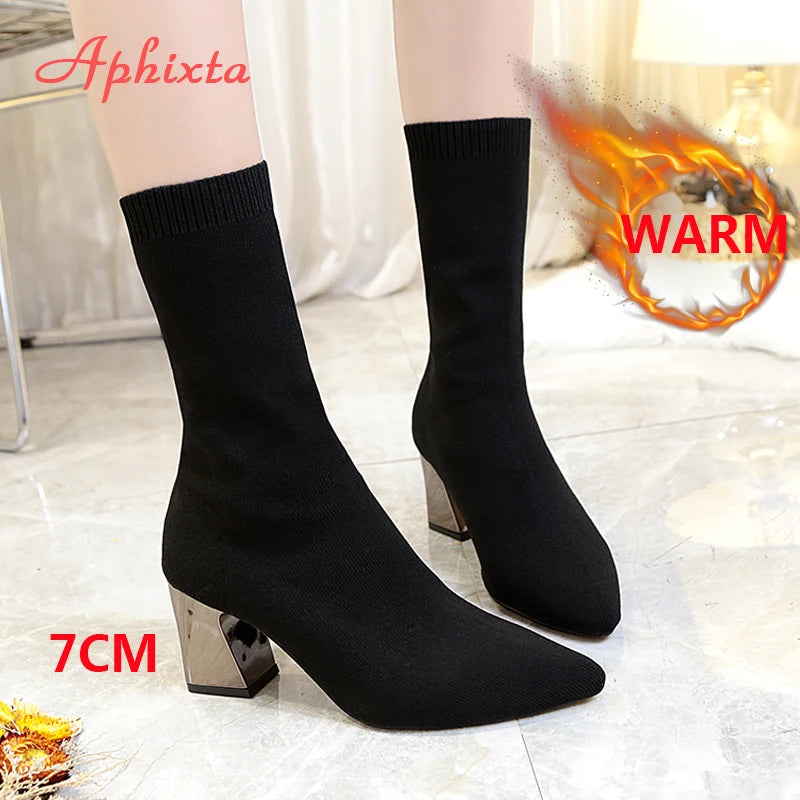 2022 New Fashion Ankle Boots Women Shoes Elastic Sock Boot Chunky High Heels Stretch Sexy Booties Pointed Toe plus 41 43