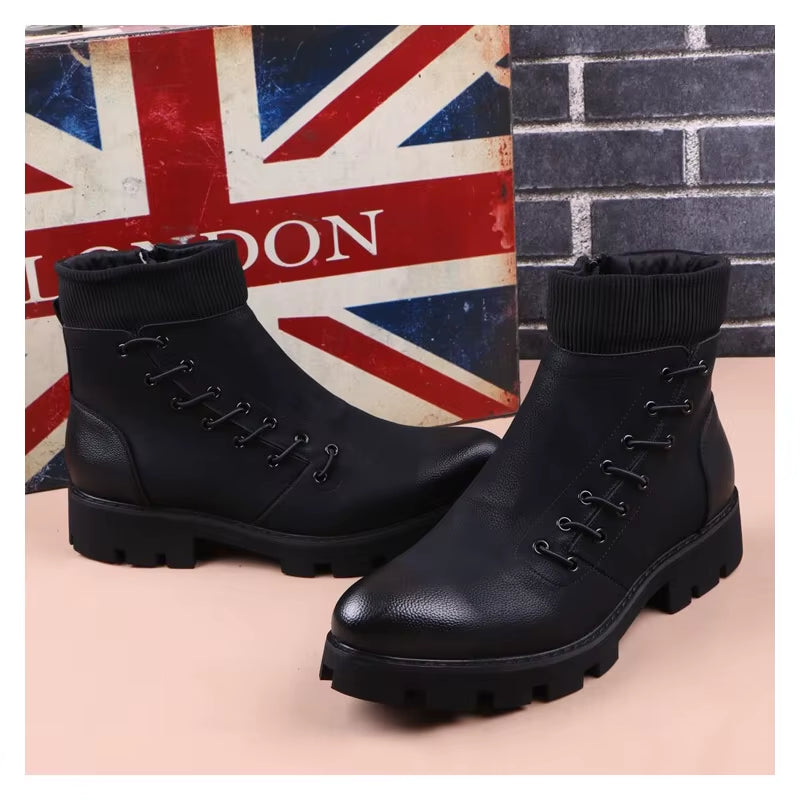 Italian Brand Designer Mens Leisure Cowboy Boots Natural Leather Platform Shoes Black Autumn Winter Ankle Boot Short Botas Male