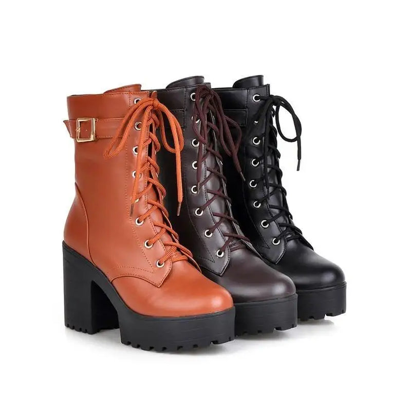 Spring Autumn Fashion Women Boots High Heels Platform Buckle Lace up Leather Short Booties Black Ladies Shoes Promotion 745