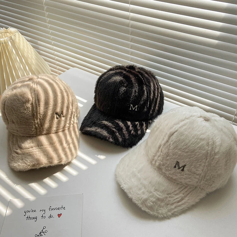 M Letter Rabbit Fur Blended Cap Ins Tide Brand Female Autumn and Winter All-Match Plush Hat Suitable for Face Big Baseball Caps