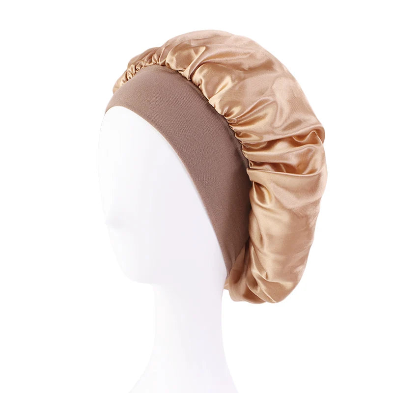 Gorro de satén liso para mujer: gorro unisex de ala ancha para dormir o bañarse, con banda elástica y diseñado para el cuidado del cabello.