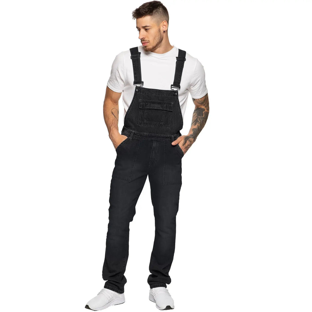 Peto vaquero casual para hombre, con múltiples bolsillos y corte ajustado elástico.