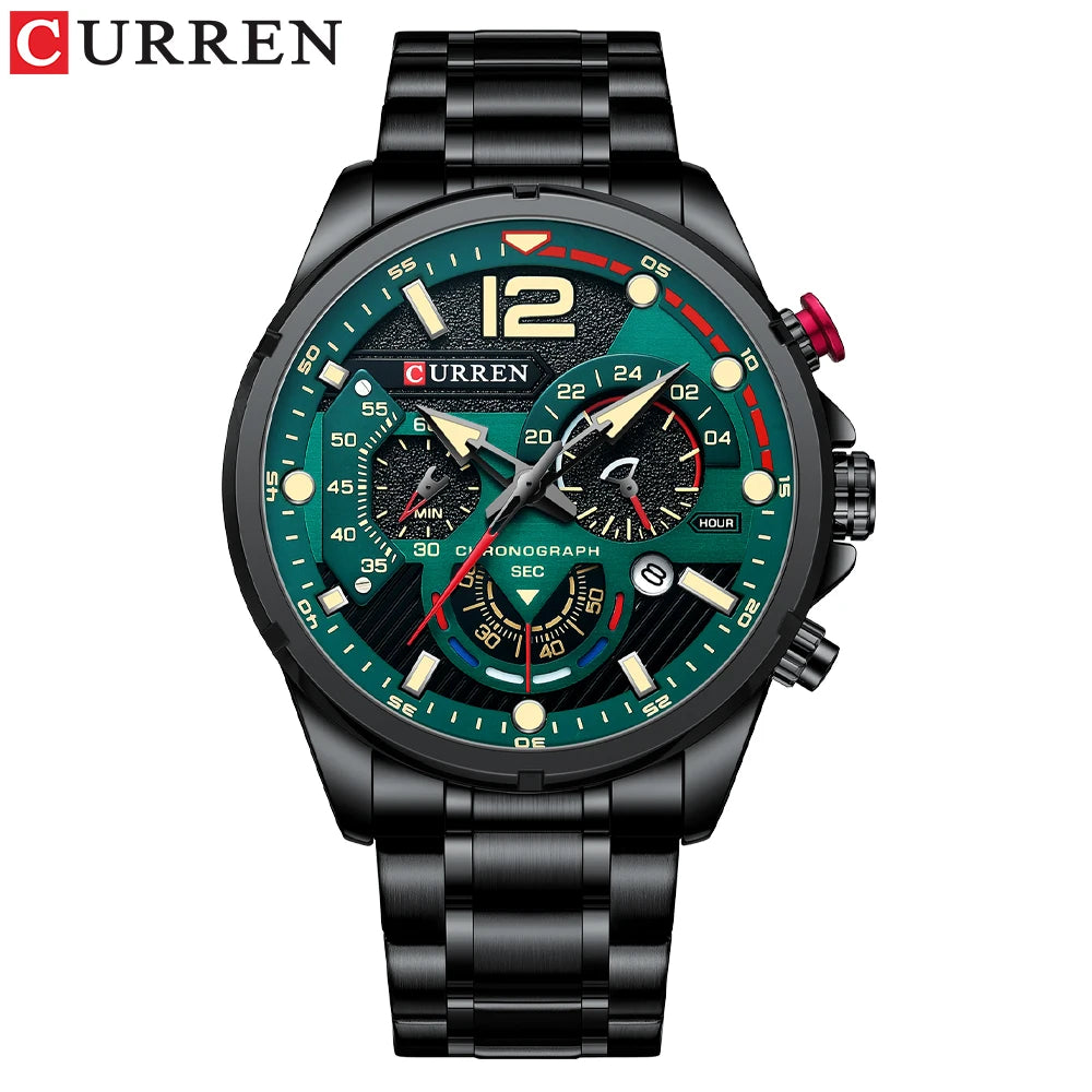 New Green Mens Watches Top Brand Luxury Stainless Steel Quartz Watch Men Sport Date Male Clock Waterproof Wristwatch