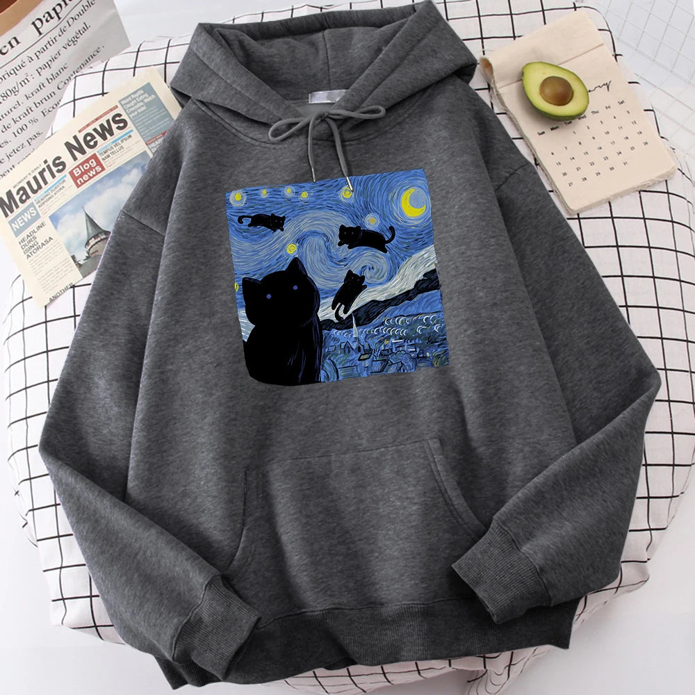 Sudaderas con capucha con estampado de noche de gato estrellado para hombre, Sudadera con capucha de gran tamaño, sudaderas de lana a la moda, Jersey informal S-Xxl, Tops