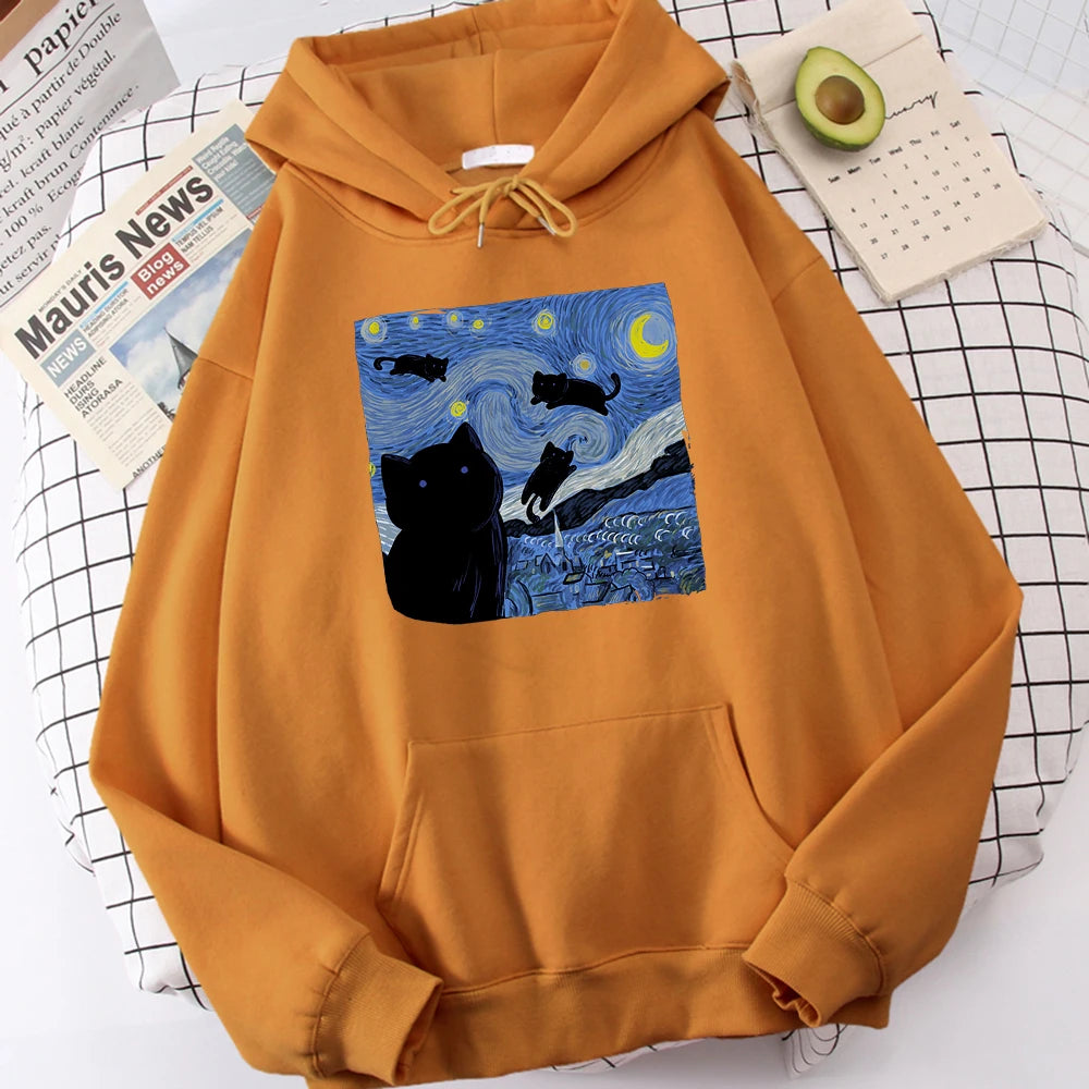 Sudaderas con capucha con estampado de noche de gato estrellado para hombre, Sudadera con capucha de gran tamaño, sudaderas de lana a la moda, Jersey informal S-Xxl, Tops