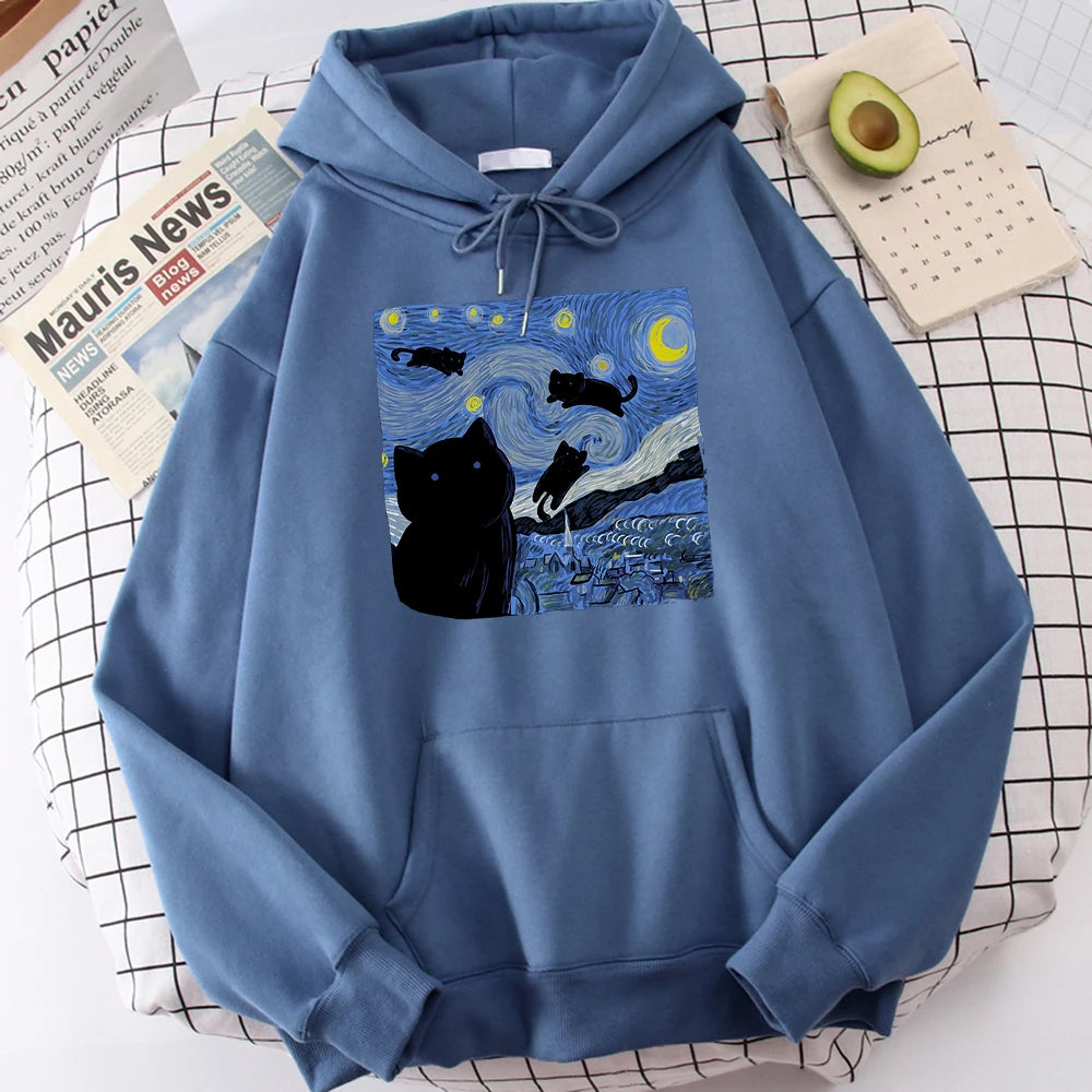 Sudaderas con capucha con estampado de noche de gato estrellado para hombre, Sudadera con capucha de gran tamaño, sudaderas de lana a la moda, Jersey informal S-Xxl, Tops