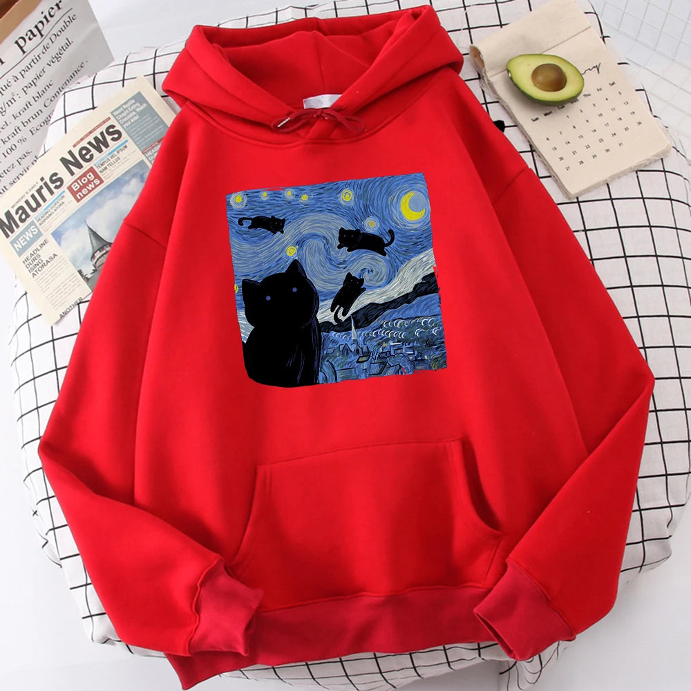 Sudaderas con capucha con estampado de noche de gato estrellado para hombre, Sudadera con capucha de gran tamaño, sudaderas de lana a la moda, Jersey informal S-Xxl, Tops