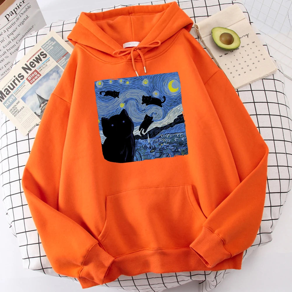 Sudaderas con capucha con estampado de noche de gato estrellado para hombre, Sudadera con capucha de gran tamaño, sudaderas de lana a la moda, Jersey informal S-Xxl, Tops