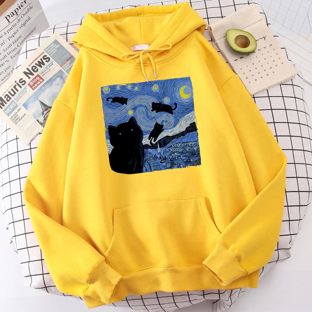 Sudaderas con capucha con estampado de noche de gato estrellado para hombre, Sudadera con capucha de gran tamaño, sudaderas de lana a la moda, Jersey informal S-Xxl, Tops
