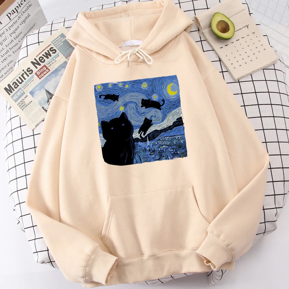 Sudaderas con capucha con estampado de noche de gato estrellado para hombre, Sudadera con capucha de gran tamaño, sudaderas de lana a la moda, Jersey informal S-Xxl, Tops