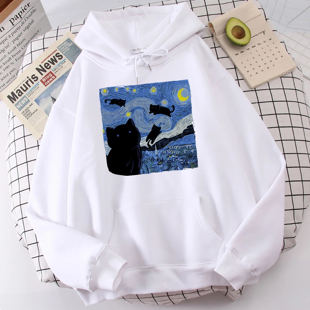 Sudaderas con capucha con estampado de noche de gato estrellado para hombre, Sudadera con capucha de gran tamaño, sudaderas de lana a la moda, Jersey informal S-Xxl, Tops