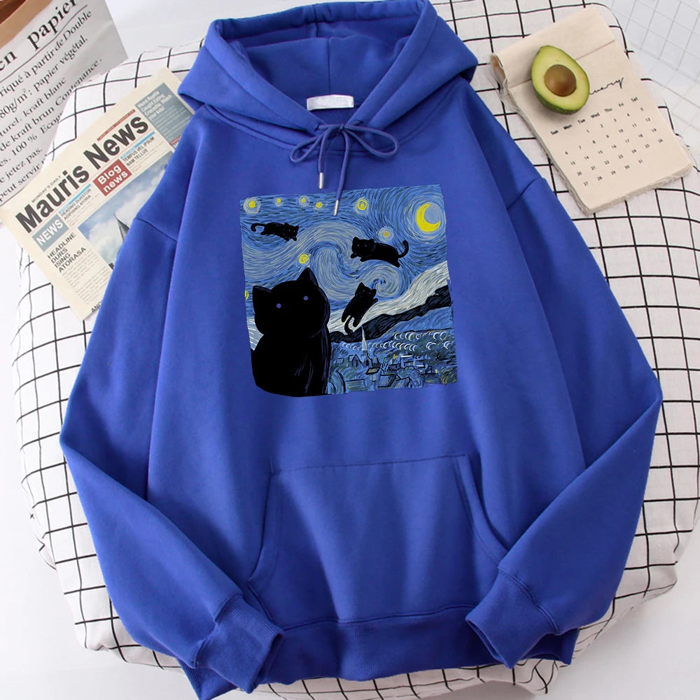 Sudaderas con capucha con estampado de noche de gato estrellado para hombre, Sudadera con capucha de gran tamaño, sudaderas de lana a la moda, Jersey informal S-Xxl, Tops