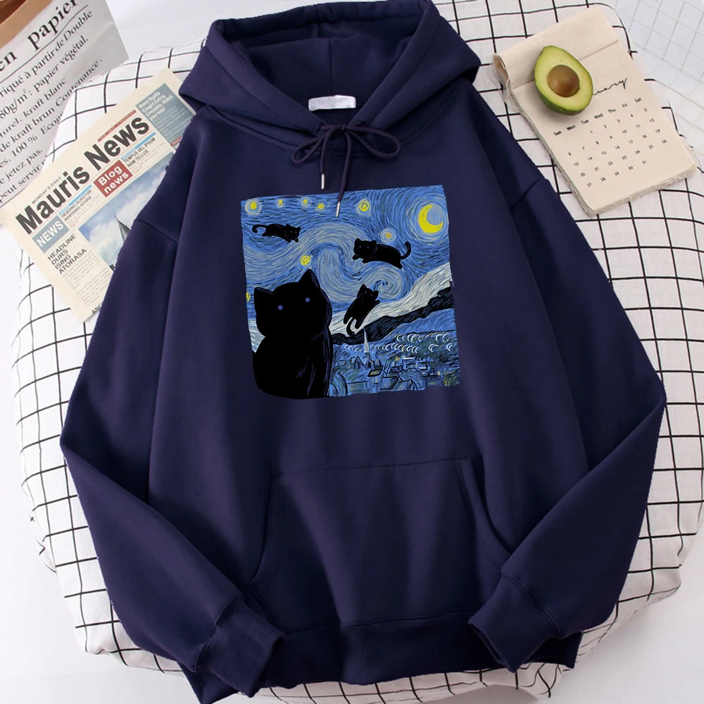 Sudaderas con capucha con estampado de noche de gato estrellado para hombre, Sudadera con capucha de gran tamaño, sudaderas de lana a la moda, Jersey informal S-Xxl, Tops