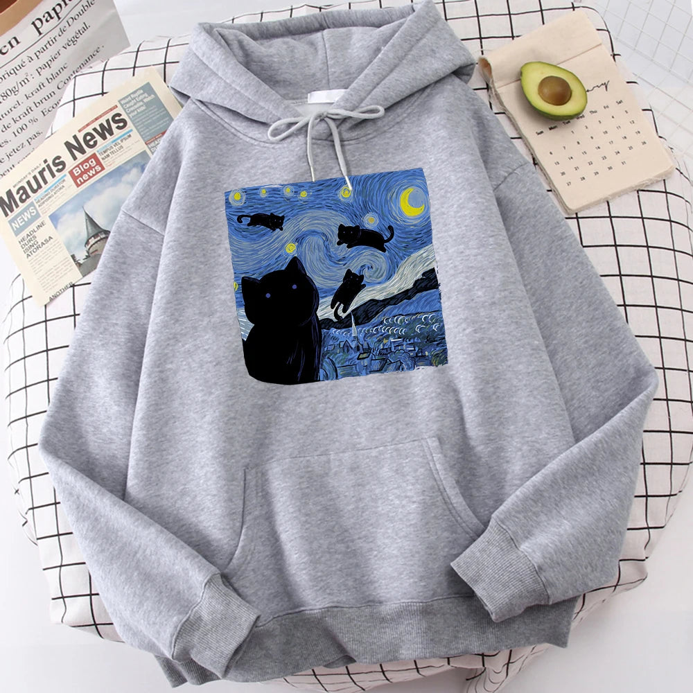 Sudaderas con capucha con estampado de noche de gato estrellado para hombre, Sudadera con capucha de gran tamaño, sudaderas de lana a la moda, Jersey informal S-Xxl, Tops
