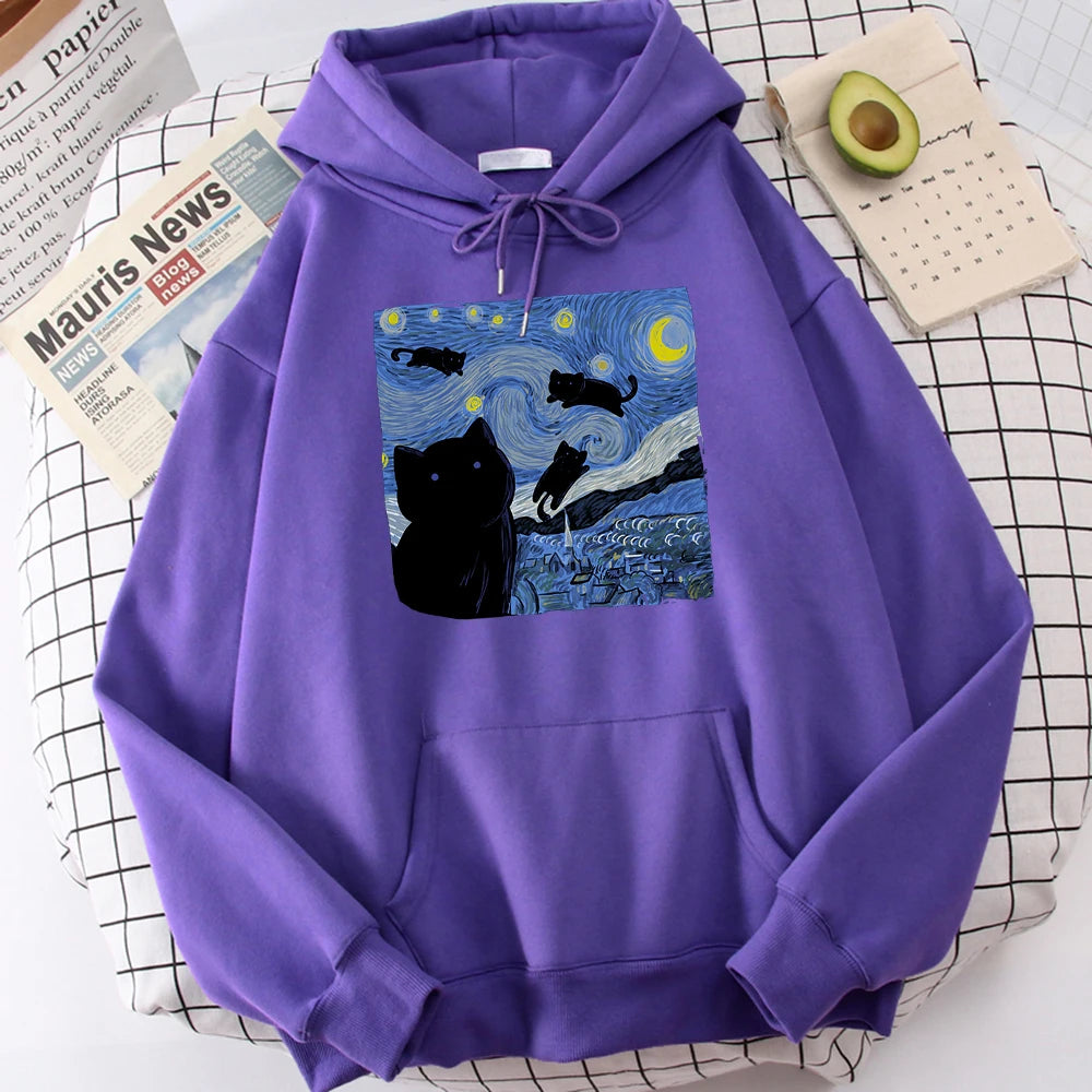 Sudaderas con capucha con estampado de noche de gato estrellado para hombre, Sudadera con capucha de gran tamaño, sudaderas de lana a la moda, Jersey informal S-Xxl, Tops