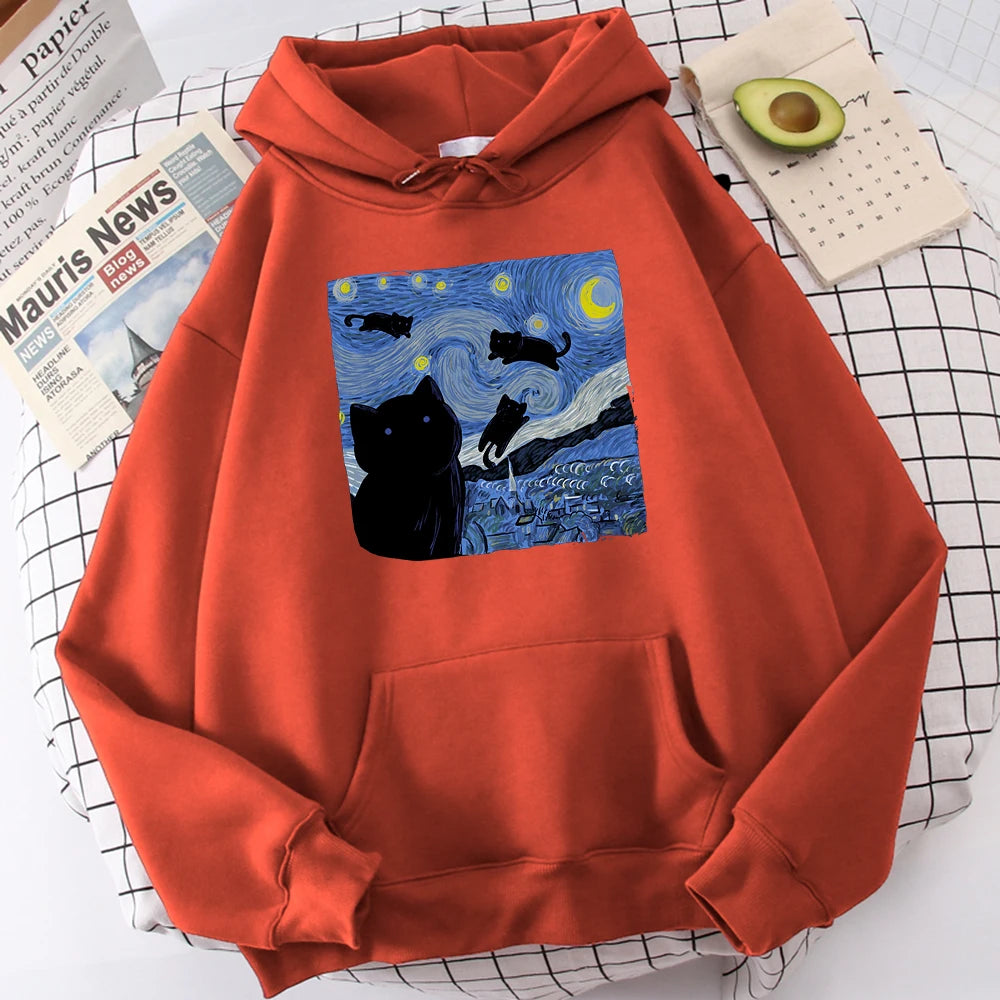 Sudaderas con capucha con estampado de noche de gato estrellado para hombre, Sudadera con capucha de gran tamaño, sudaderas de lana a la moda, Jersey informal S-Xxl, Tops