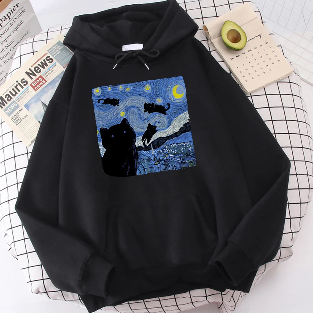Sudaderas con capucha con estampado de noche de gato estrellado para hombre, Sudadera con capucha de gran tamaño, sudaderas de lana a la moda, Jersey informal S-Xxl, Tops