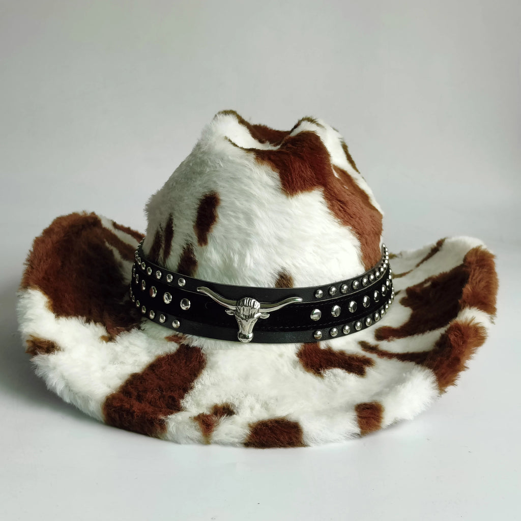 Sombrero vaquero elegante con estampado de leopardo y ala ancha; modelo de piel sintética para hombre y mujer, ideal para el invierno.
