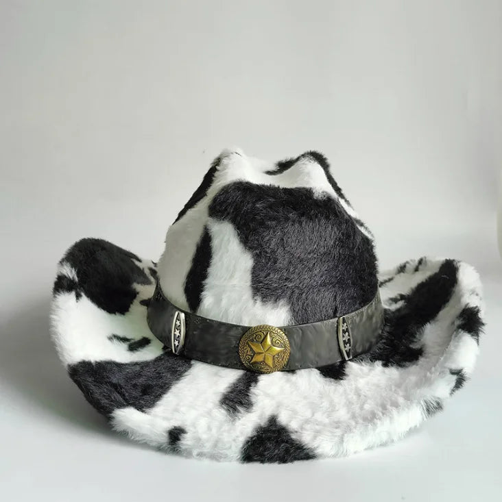 Sombrero vaquero elegante con estampado de leopardo y ala ancha; modelo de piel sintética para hombre y mujer, ideal para el invierno.