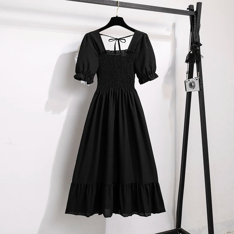 Vestido casual plisado de chifón para primavera-verano, con manga corta y cintura elástica; vestido estilo línea A para mujer.