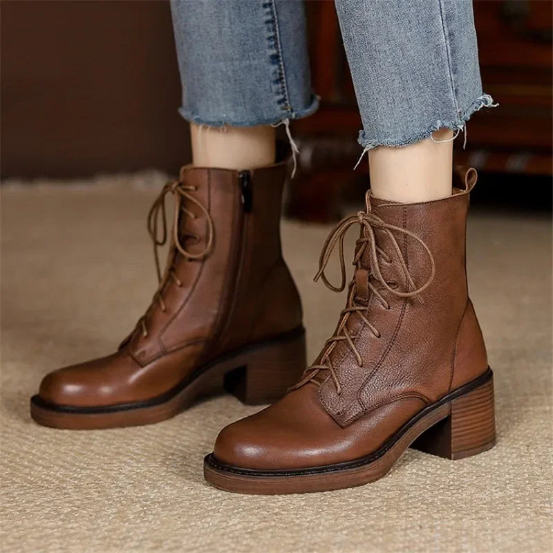 2026 Winter Genuine Leather Women Boots round Toe Thick Heel Lace up Fashion Ankle Boots Retro Boots Platform Shoes Heels Grown