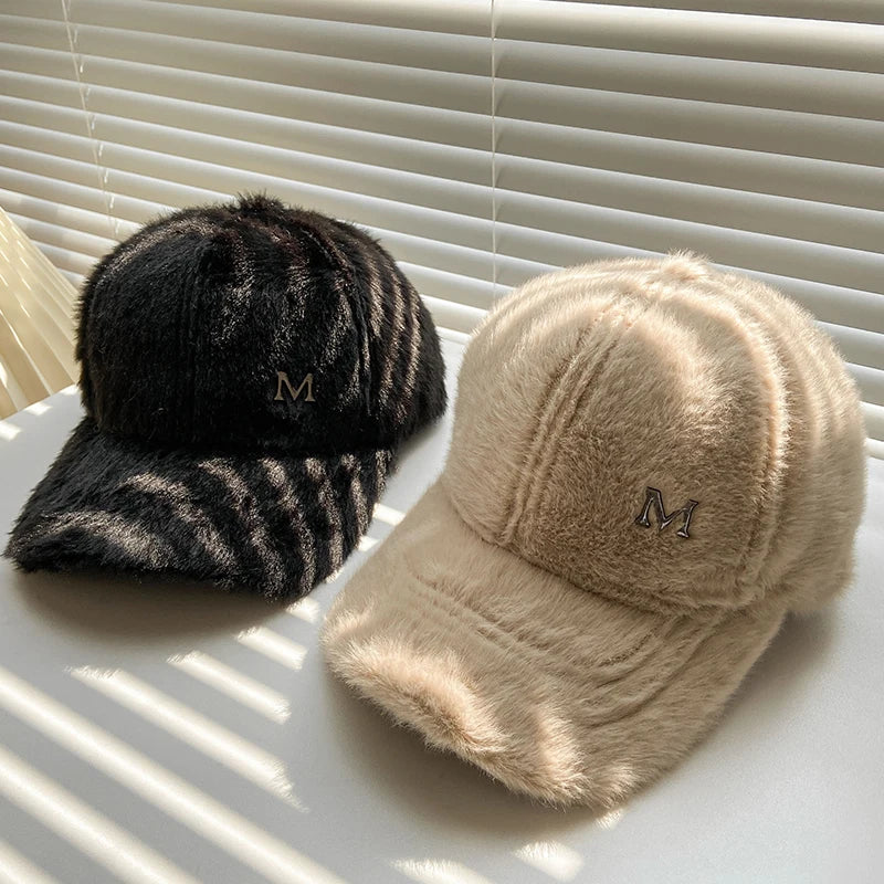 M Letter Rabbit Fur Blended Cap Ins Tide Brand Female Autumn and Winter All-Match Plush Hat Suitable for Face Big Baseball Caps