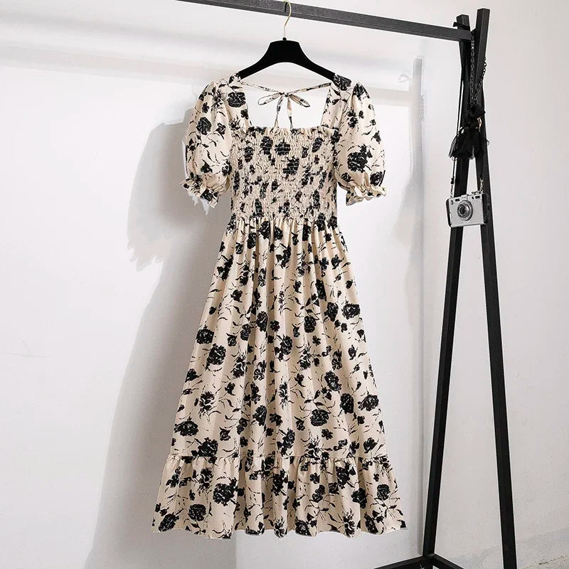 Vestido casual plisado de chifón para primavera-verano, con manga corta y cintura elástica; vestido estilo línea A para mujer.