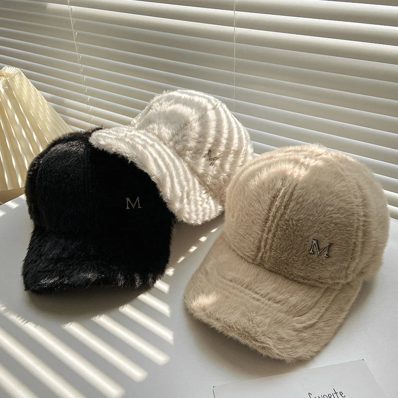 M Letter Rabbit Fur Blended Cap Ins Tide Brand Female Autumn and Winter All-Match Plush Hat Suitable for Face Big Baseball Caps